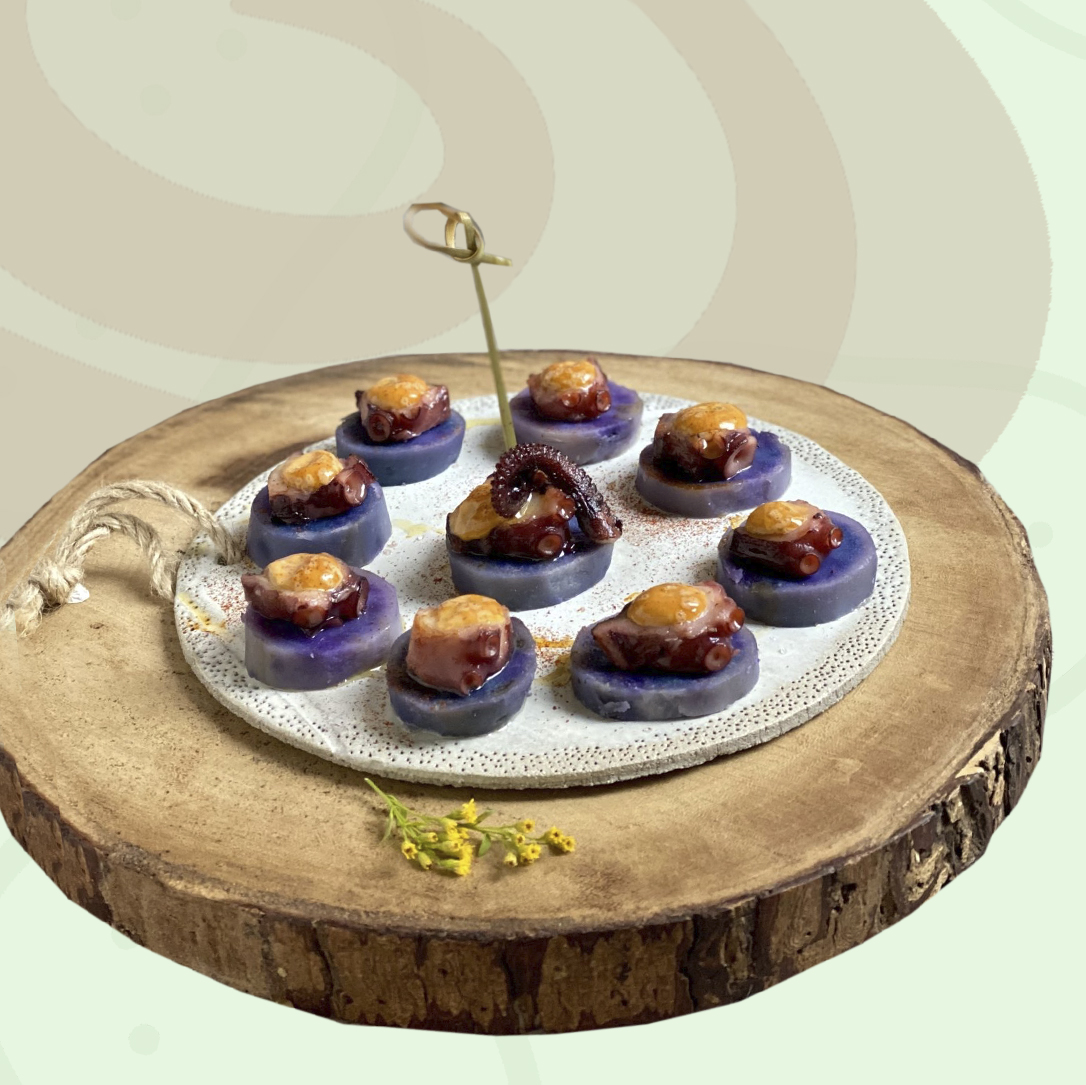 Aperitivo patata morada y pulpo